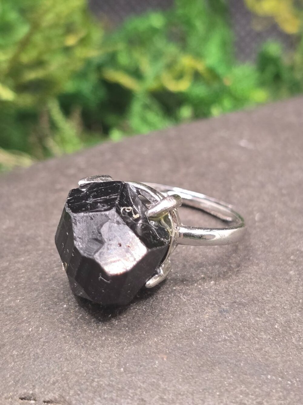 Raw Black Obsidian Adjustable Ring Size 6-10 Silver Tone Gothic Jewelry
